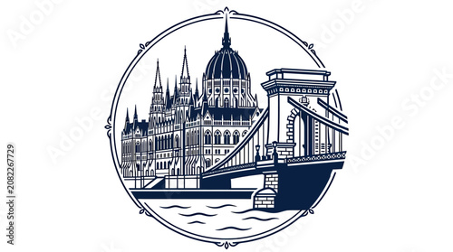 Budapest Iconic Landmark Emblem: Parliament Building and Chain Bridge Silhouette