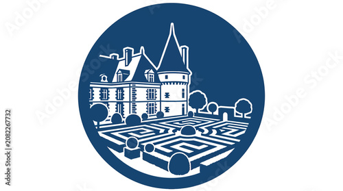Chateau Icon with Geometric Garden and Trees in Blue Circle