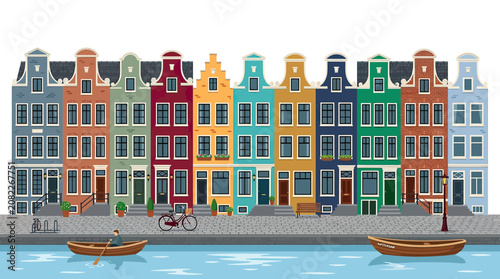 Colorful Amsterdam Canal Houses Row: Facades, Boats, Bicycle, Dutch Architecture