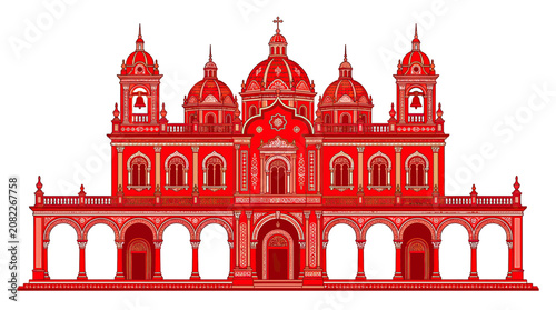 Elaborate Red Baroque Church Facade with Domes and Arches