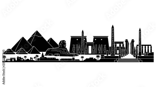 Egypt Skyline Silhouette: Pyramids, Sphinx, Temples, Obelisk, Landmark Icons