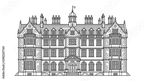 Elegant Victorian Building Facade Drawing, Ornate Architecture, Historical Landmark Sketch