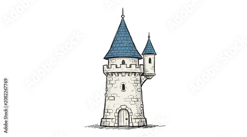 Fairytale castle tower, fantasy fortress, medieval architecture, whimsical illustration