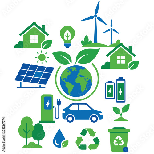 Renewable Energy and Eco Friendly Sustainable Lifestyle Flat Vector Illustration
