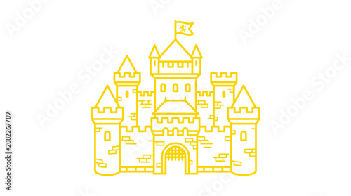 Fantasy Castle Icon, Yellow Outline on White Background, Fairytale Architecture