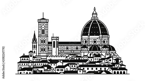 Florence skyline with Duomo, Italy. Minimalist black and white vector illustration.
