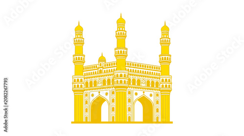 Iconic Charminar Monument, Hyderabad Landmark, Indian Architecture, Yellow Silhouette