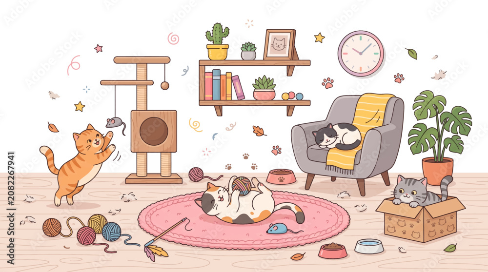 Fototapeta premium Playful cats enjoying cozy indoor moments surrounded by yarn toys