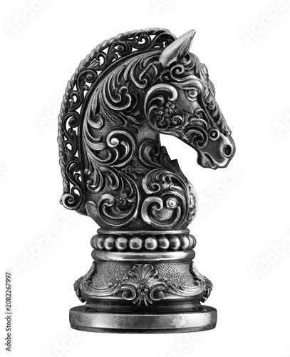 Fotografie Baroque chess knight with ornamental engraving, luxury silver chess piece, highly detailed 3D isolated on transparent background