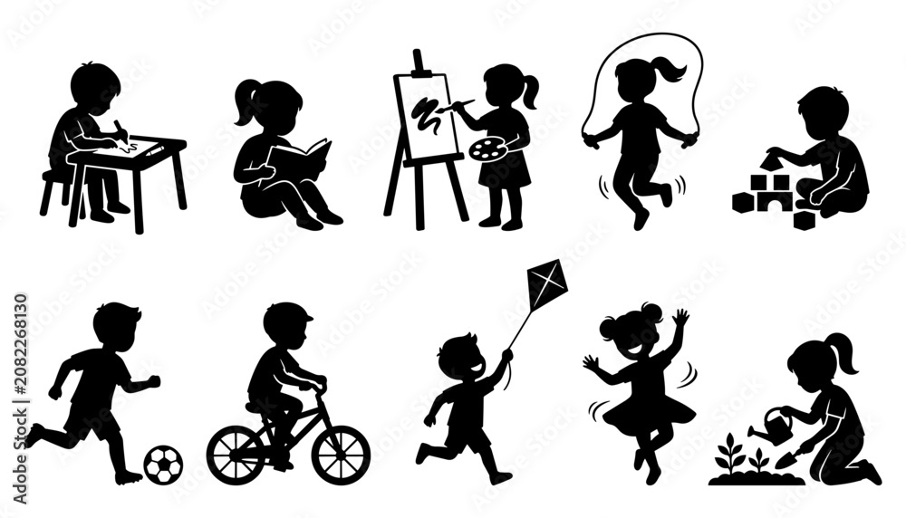 Obraz premium Children Engaging in Various Activities Such as Reading, Painting, Playing, and Gardening Featuring Kids, Drawing, Jumping