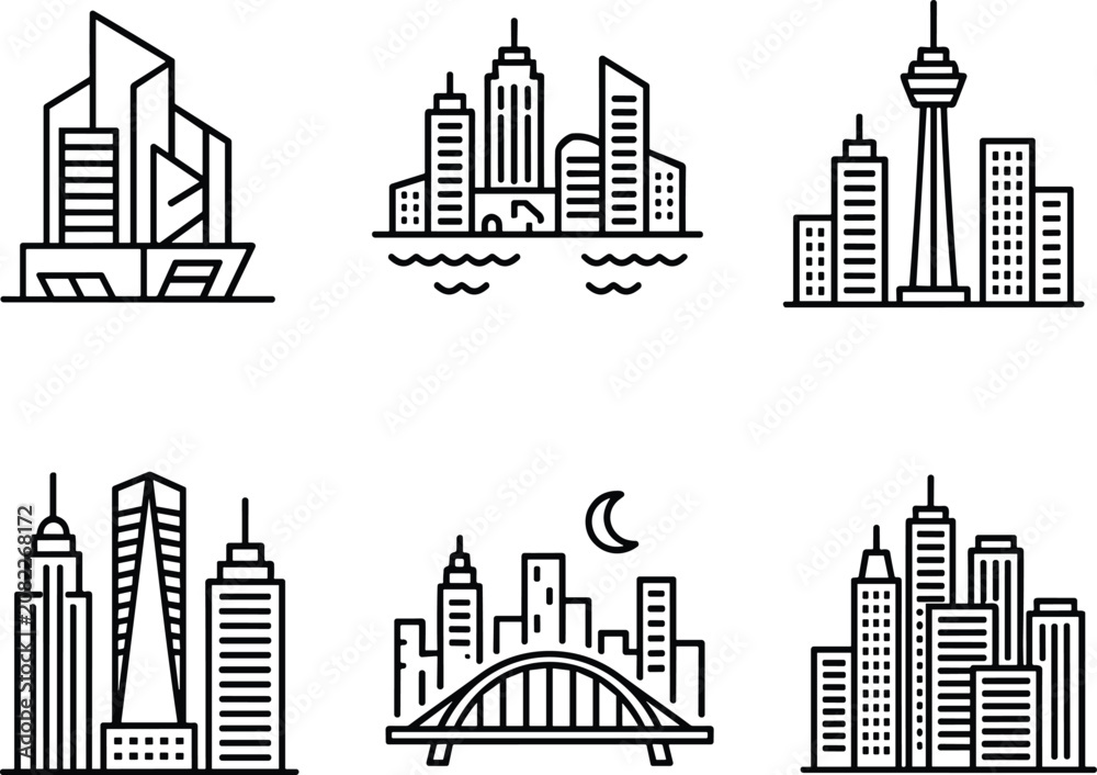Fototapeta premium World City Skyline and Landmark Building Icons Set, Line Art Vector