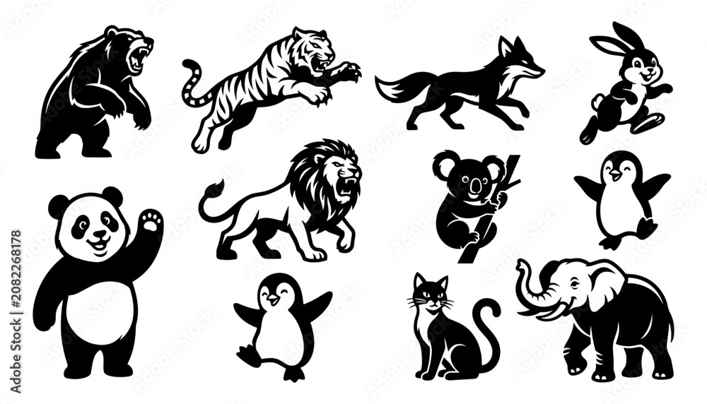 Fototapeta premium Lion, Tiger, Bear, Panda, Elephant and Other Animal Icons Set on White Background in Bold Black Silhouette Style