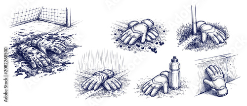 Schilderij op canvas Goalkeeper gloves sketch illustration set showcasing soccer goalie gear in mud, rain, and grass