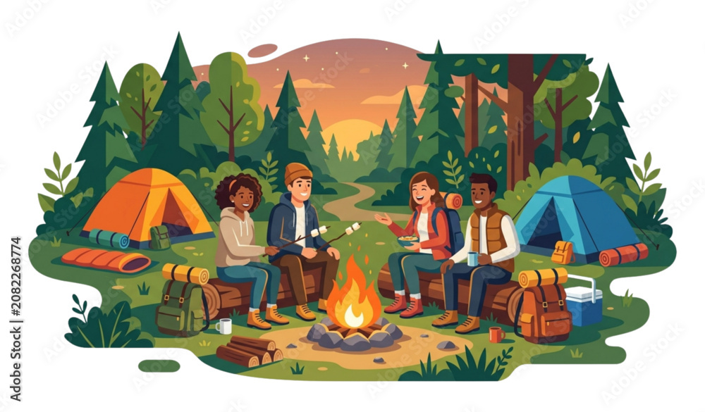 Fototapeta premium Outdoor Camping Hiking Group Resting and Cooking Marshmallows by Campfire Flat Vector Illustration