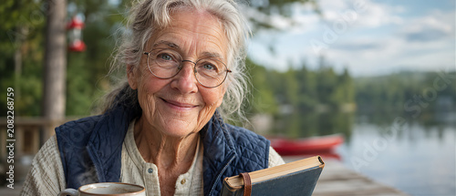 Close-up portrait of happy elderly woman with silver hair and glasses smiling on lake dock — authentic retirement lifestyle, wisdom, outdoor summer leisure in Canadian cottage country