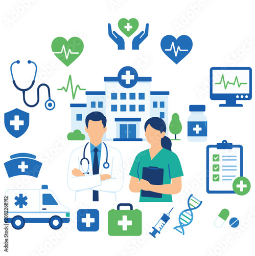 Modern Healthcare and Medical Team Concept Flat Vector Illustration