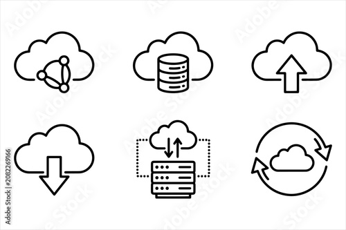 Cloud data services and network file management outline icon collection