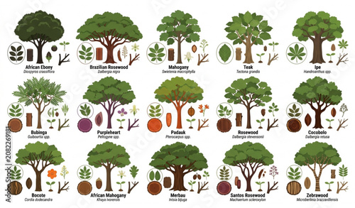 Fotografie Exotic tropical hardwood botanical tree vector bundle featuring African ebony an