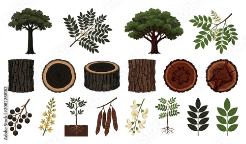 Photos African ebony and Brazilian rosewood tropical hardwood tree vector illustrations