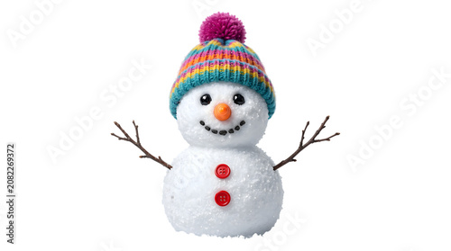 Billede på lærred Snowman with a colorful striped knit pompom hat carrot nose twig arms and red bu