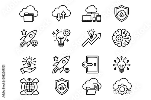 Cloud computing and artificial intelligence technology outline icon collection