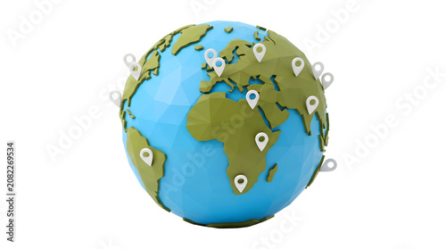 Globe with white location pins placed across continents rendered in a low poly style as a PNG on a transparent background