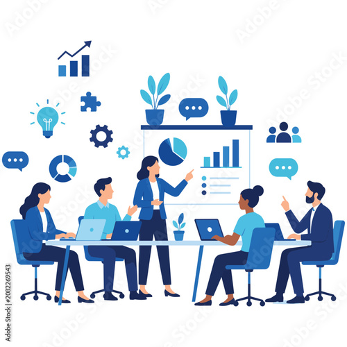 Corporate Business Meeting and Team Collaboration Flat Vector Illustration