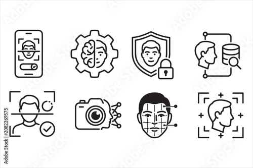 Facial recognition and biometric security technology line icon collection