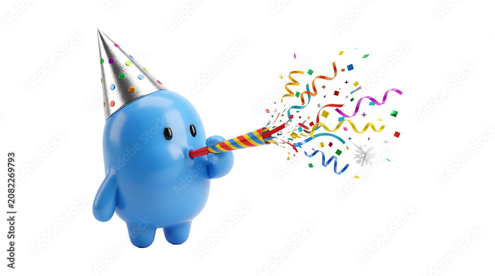 Fototapeta premium Cute 3D cartoon character wearing a party hat and blowing a colorful noisemaker with confetti on a transparent background as a PNG