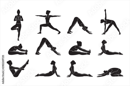 Set of black silhouettes of women performing yoga poses and fitness exercises
