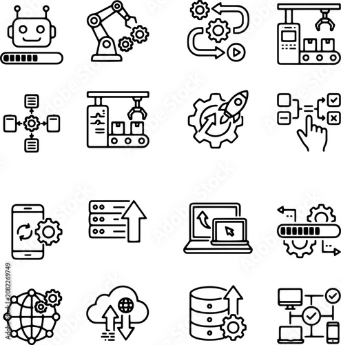 Industrial automation and digital manufacturing technology line icon set