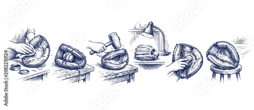 Photography Baseball glove break in process vintage sketch diagram showing how to condition, shape, and soften a leather mitt with mallet, oil, and ball, retro woodcut style illustration for sports manual