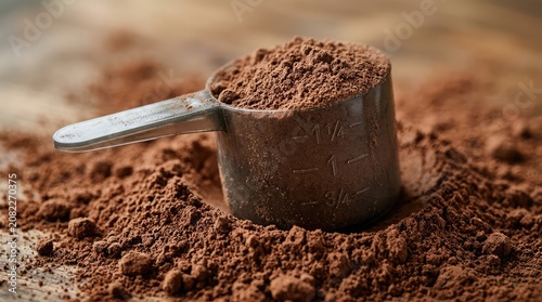 Cocoa powder in a measuring scoop on a wooden surface