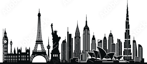 Obraz na płótnie Silhouette of famous city skylines and landmarks around the world in black on wh