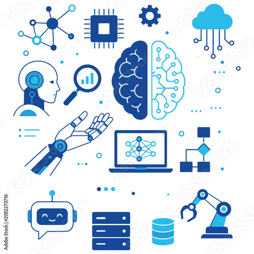 Artificial Intelligence and Machine Learning Technology Flat Vector Illustration