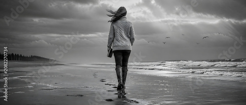 Woman walking alone on overcast Scottish beach in wellington boots — footprints fading in tide, dramatic North Sea sky, black and white fine art solitude photography