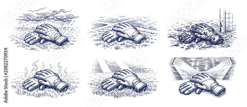 Tableau sur toile Soccer goalkeeper gloves goalie gear set in hand-drawn engraving style on field grass with stadium lights, rain, mud, and goalpost, vintage sketch vector illustration pack for soccer sports concepts