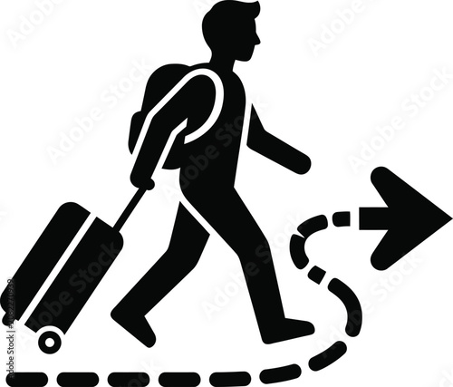 Traveler silhouette pulling a suitcase with a dotted path arrow icon, traveler