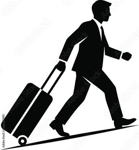 Businessman in a suit walking uphill while pulling a suitcase with business