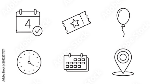 Set of calendar, ticket, balloon, clock, keyboard and location icons