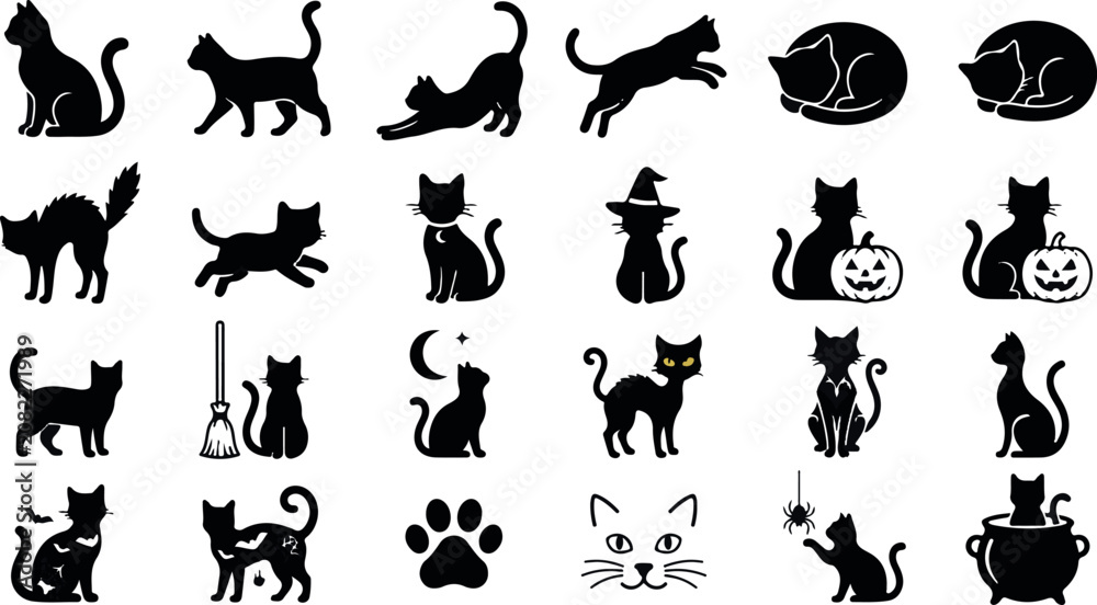 Fototapeta premium Halloween black cat silhouettes for decor and design