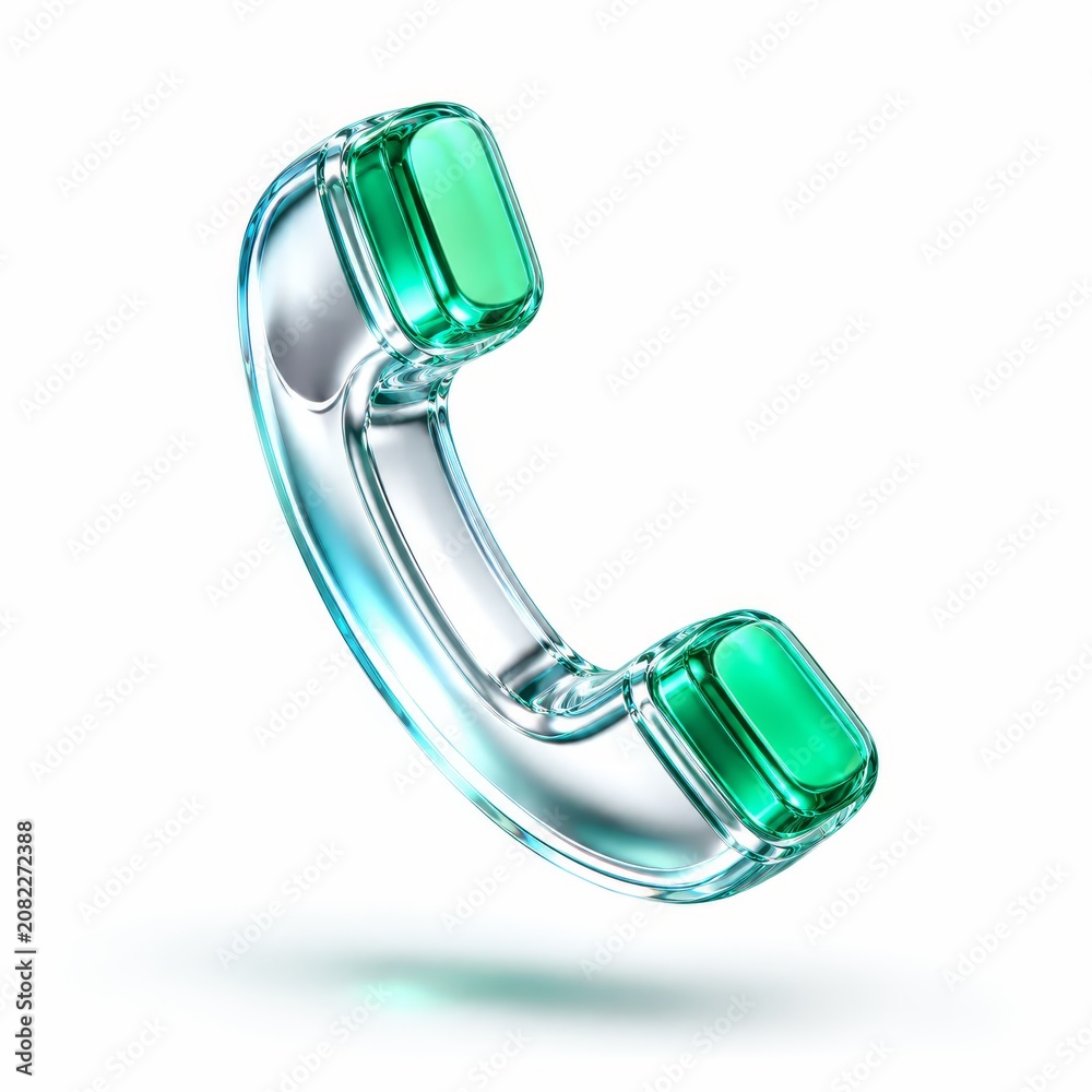 Fototapeta premium Glossy transparent green glass telephone handset floating on a white background - a 3D rendered conceptual icon symbolizing phone calls, communication and modern telephony services