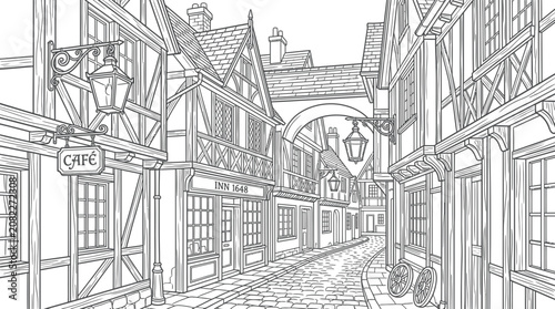 Obraz na plátně Charming Medieval Street Scene with Half-Timbered Buildings and Cafe