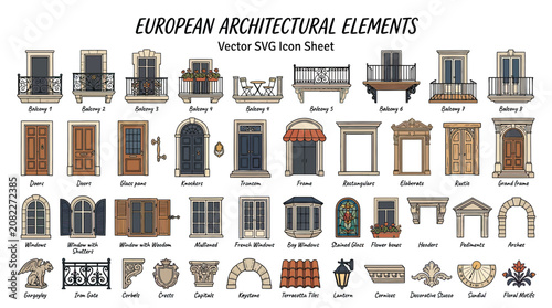 Konstfotografi European Architectural Elements Vector Icons: Balconies, Doors, Windows, Arches