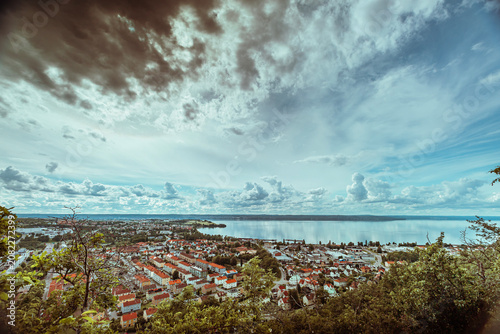 Beautiful cityscape of Huskvarna with Lake Vattern waterfront, Scandinavia.