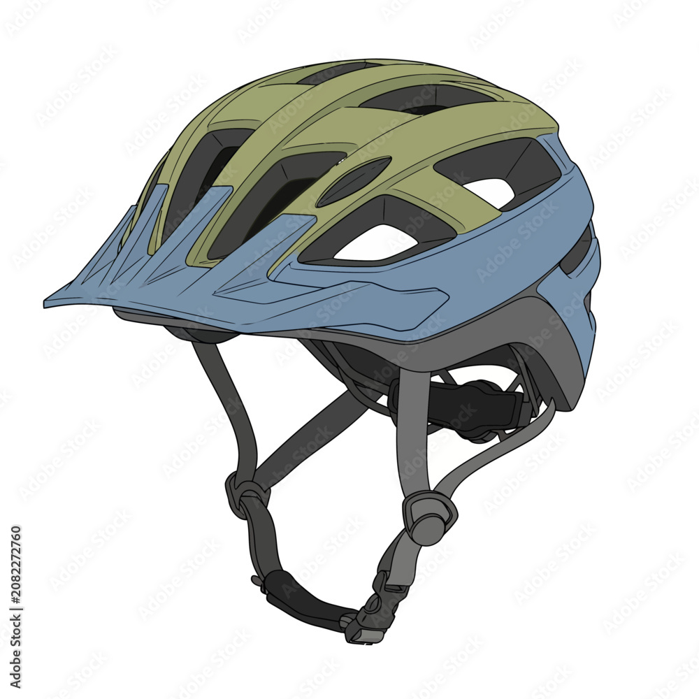 Obraz premium Detailed vector illustration of a modern mountain bike helmet with protective visor and straps