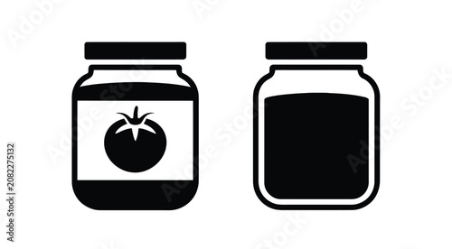 Photos Tomato jam or sauce jar icon set in solid and outline styles featuring food cont