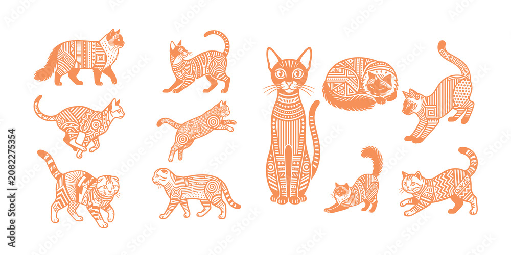 Naklejka premium Ornate Mandala Cat Silhouettes and Zentangle png Illustrations Set