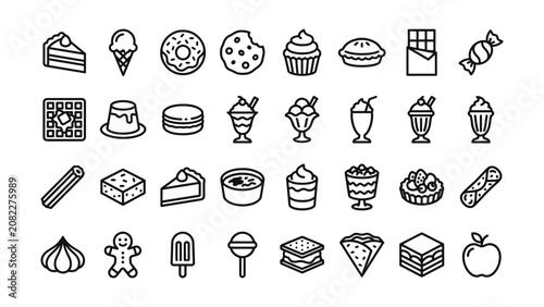 Fotografía Collection of various food and dessert icons in black line art on white backgrou