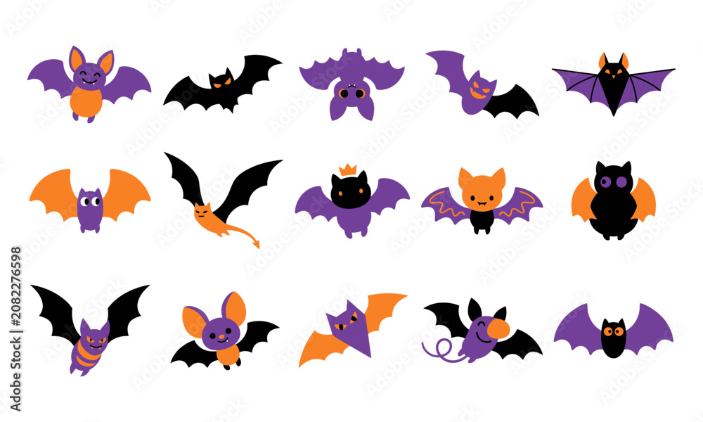 Obraz premium Cute cartoon Halloween bats vector set with various funny expressions and flying poses for spooky design projects vector design
